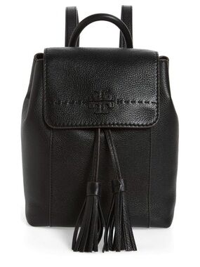 Tory Burch McGraw Black Pebbled Leather Mini Backpack with Tassel Drawstrings